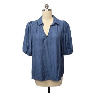 Bishop + Young Blue Crinkle Puff Sleeve V-Neck Blouse Women's Size Large